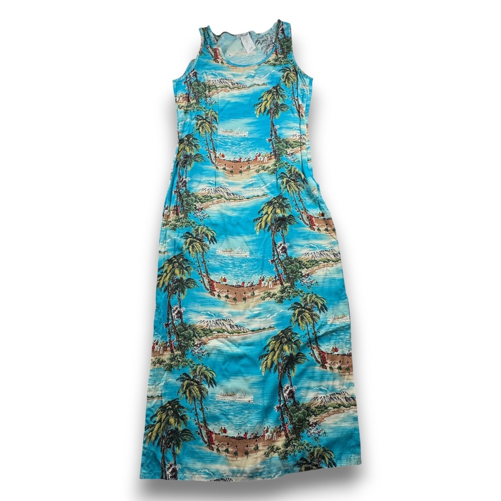 Karen Kane South Pacific Tank Dress Turquoise Blue Tropical Scenic Maxi Womens M